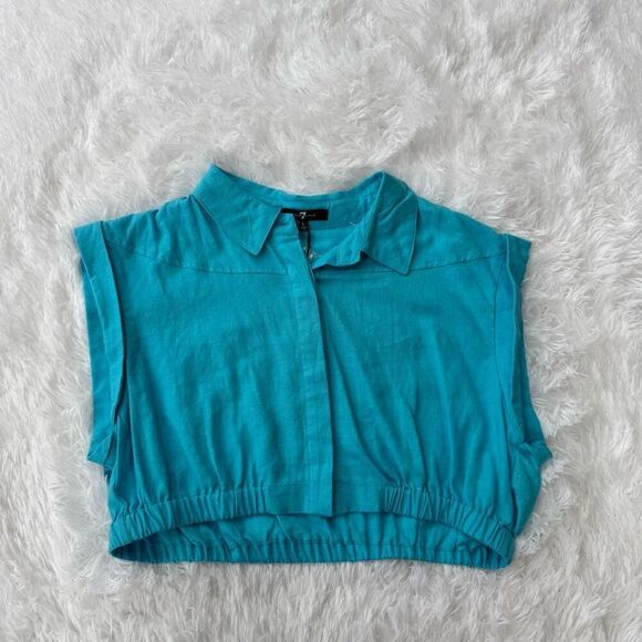 7 For All Mankind Turquoise Linen-Blend Crop Top size L NWT - Picture 1 of 6